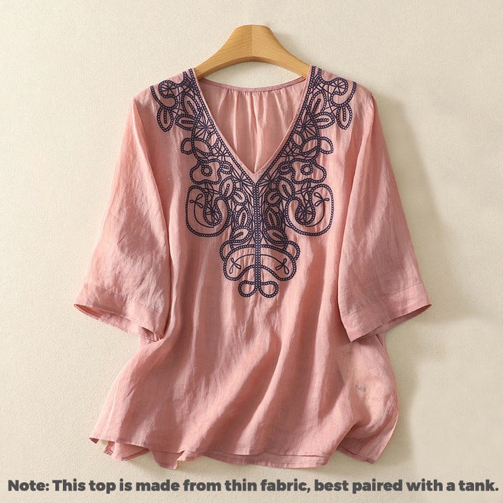 Buddha Stones Embroidered V-neck Casual Women's Cotton Linen Half Sleeve T-shirt - image 14