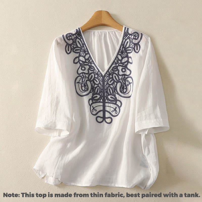 Buddha Stones Embroidered V-neck Casual Women's Cotton Linen Half Sleeve T-shirt - image 20