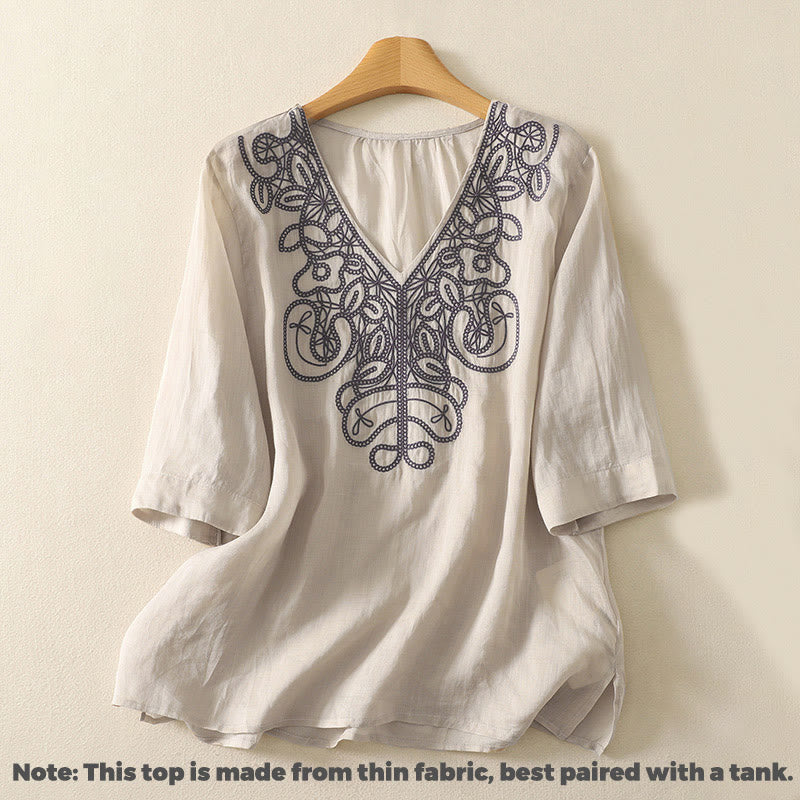 Buddha Stones Embroidered V-neck Casual Women's Cotton Linen Half Sleeve T-shirt - image 2