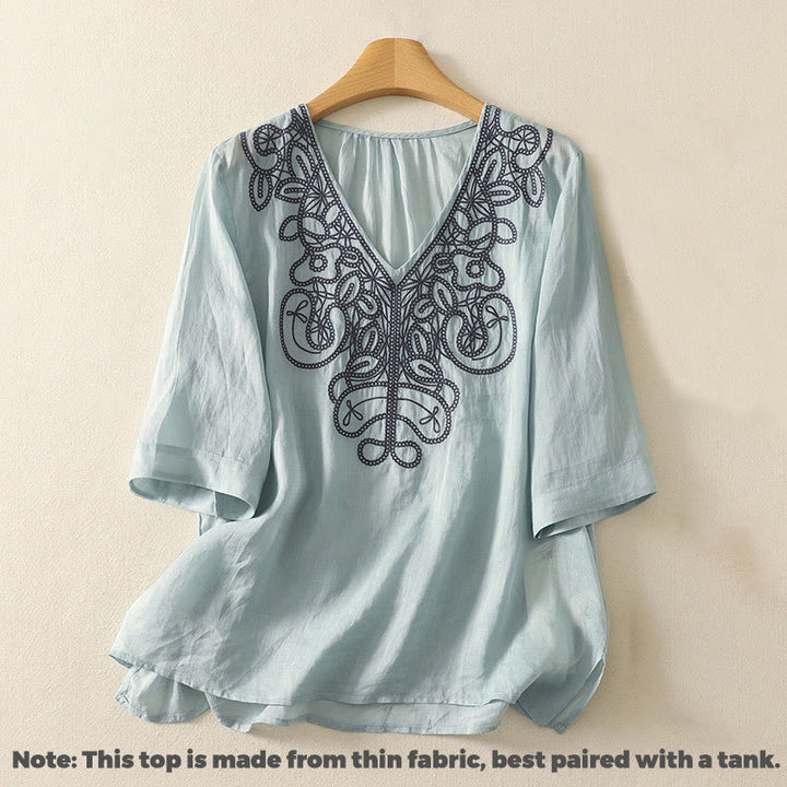 Buddha Stones Embroidered V-neck Casual Women's Cotton Linen Half Sleeve T-shirt - image 8