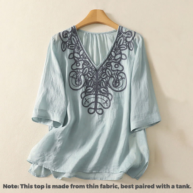 Buddha Stones Embroidered V-neck Casual Women's Cotton Linen Half Sleeve T-shirt - image 7