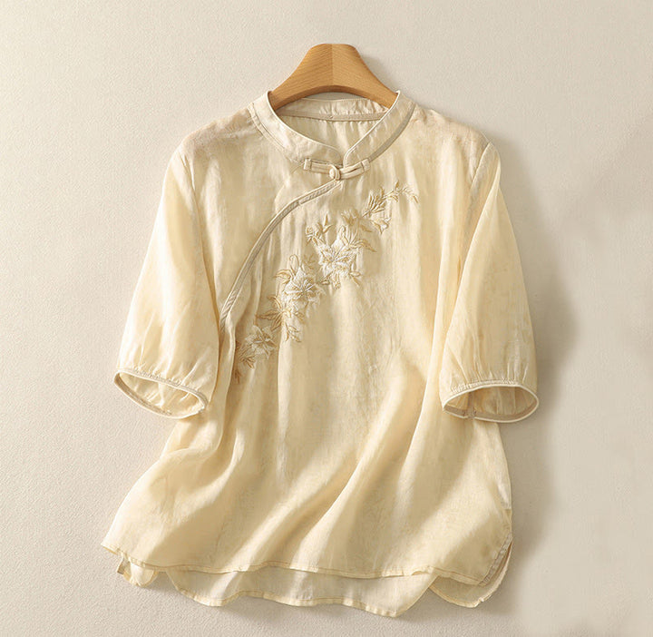 Buddha Stones Embroidery Frog-Button Mandarin Collar Cotton Women's Half Sleeves Shirt - LemonChiffon - US14，UK/AU18，EU46 (2XL) - image 1