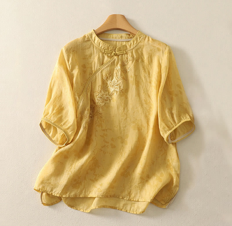 Buddha Stones Embroidery Frog-Button Mandarin Collar Cotton Women's Half Sleeves Shirt - Gold - US14，UK/AU18，EU46 (2XL) - image 7
