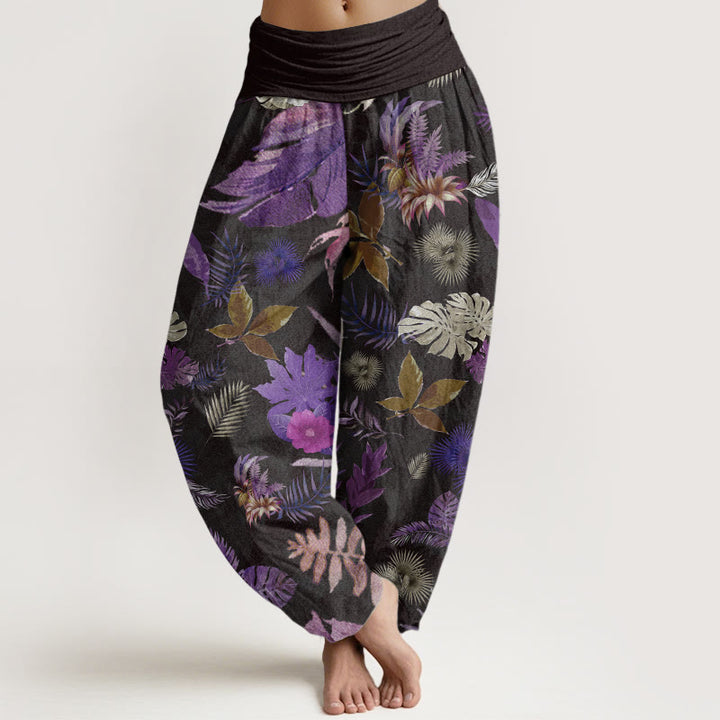Buddha Stones Pure Cotton Colorful Tropical Foliage Women's Elastic Waist Harem Pants - Black - US22，UK/AU26，EU54 (6XL) - image 0