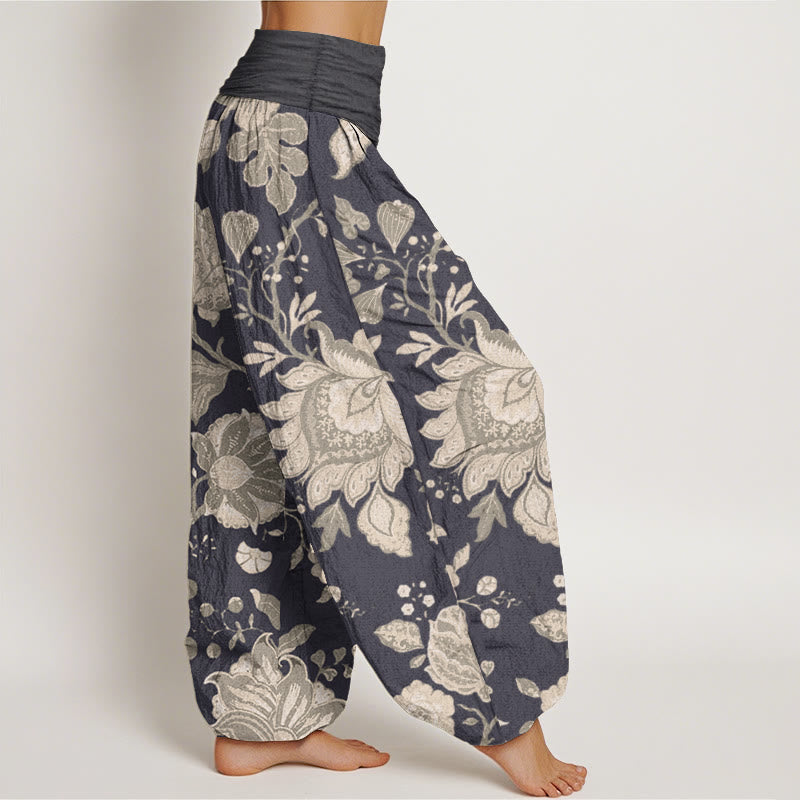 Buddha Stones Pure Cotton Casual Peony Women's Elastic Waist Harem Pants