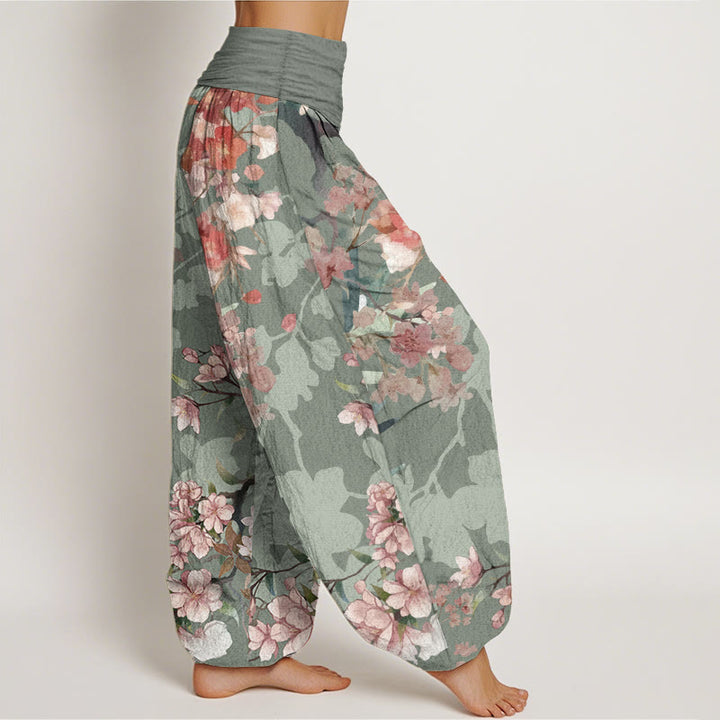 Buddha Stones Pure Cotton Red Pink Blooming Flowers Lush Branches Women's Elastic Waist Harem Pants - image 2