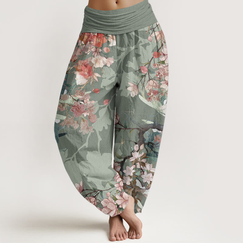 Buddha Stones Pure Cotton Red Pink Blooming Flowers Lush Branches Women's Elastic Waist Harem Pants
