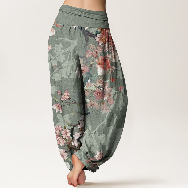 Buddha Stones Pure Cotton Red Pink Blooming Flowers Lush Branches Women's Elastic Waist Harem Pants - image 1