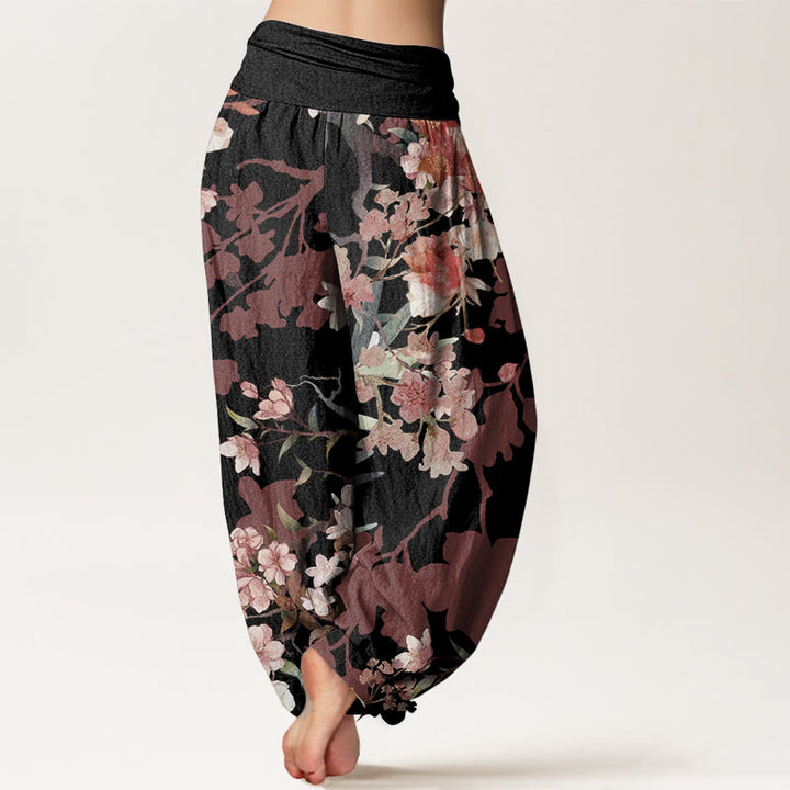 Buddha Stones Pure Cotton Red Pink Blooming Flowers Lush Branches Women's Elastic Waist Harem Pants - image 7
