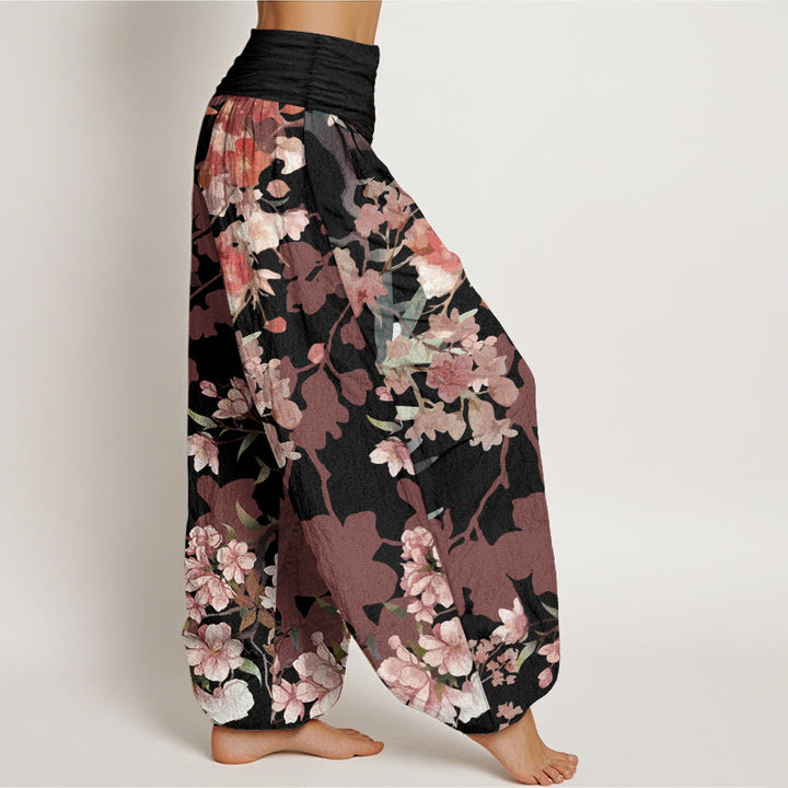 Buddha Stones Pure Cotton Red Pink Blooming Flowers Lush Branches Women's Elastic Waist Harem Pants - image 8