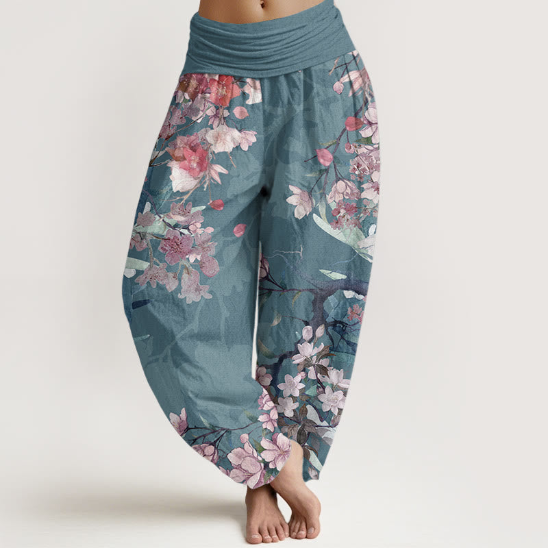 Buddha Stones Pure Cotton Red Pink Blooming Flowers Lush Branches Women's Elastic Waist Harem Pants - DarkCyan - US22，UK/AU26，EU54 (6XL) - image 9