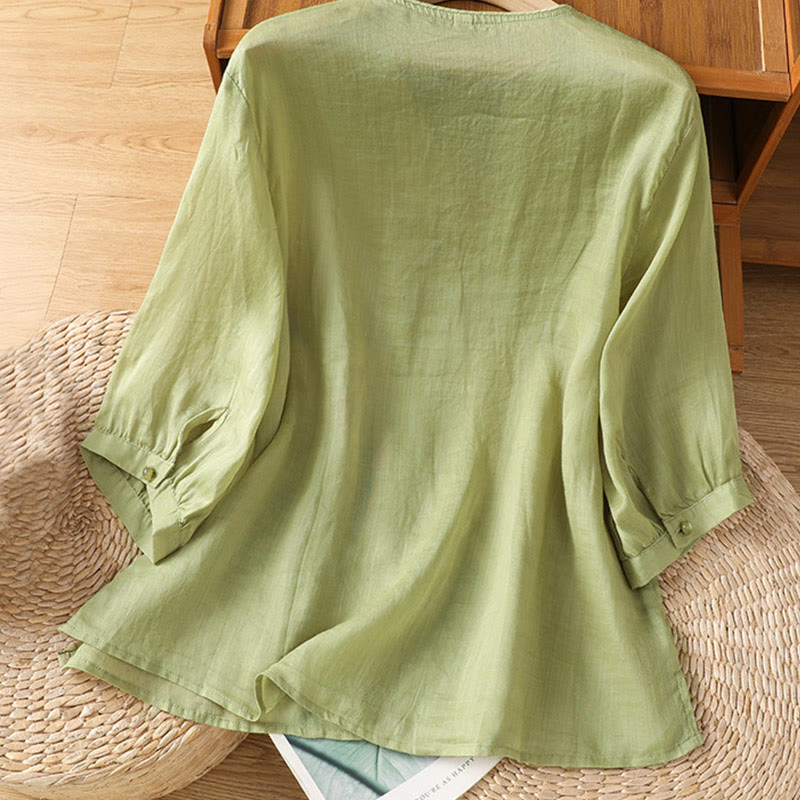 Buddha Stones Embroidered Flowers Cotton Women's V-neck Shirt - image 9