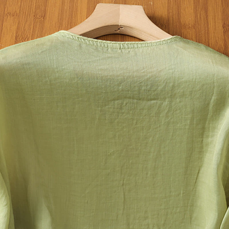 Buddha Stones Embroidered Flowers Cotton Women's V-neck Shirt - image 11