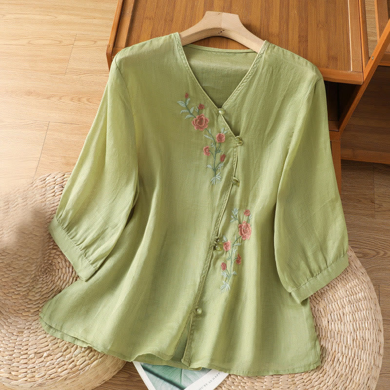 Buddha Stones Embroidered Flowers Cotton Women's V-neck Shirt - YellowGreen - US12，UK/AU16，EU44 (2XL) - image 7