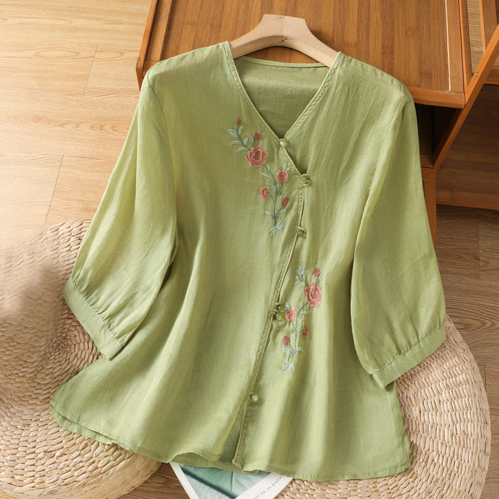 Buddha Stones Embroidered Flowers Cotton Women's V-neck Shirt - YellowGreen - US12，UK/AU16，EU44 (2XL) - image 7