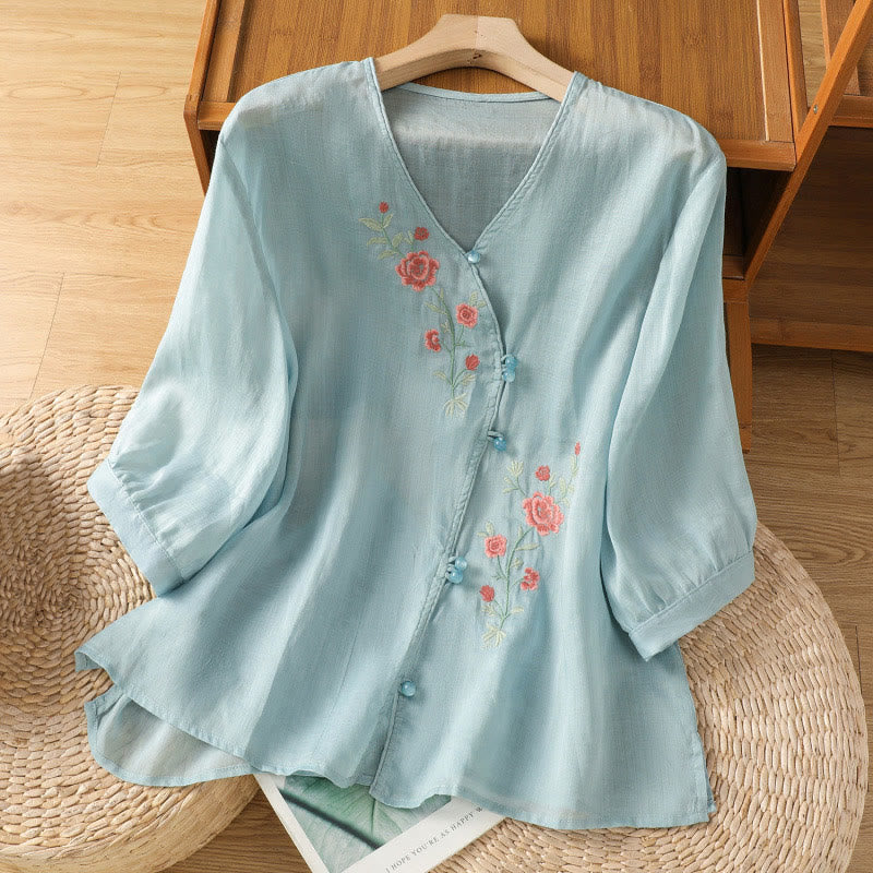Buddha Stones Embroidered Flowers Cotton Women's V-neck Shirt - LightSkyBlue - US12，UK/AU16，EU44 (2XL) - image 4