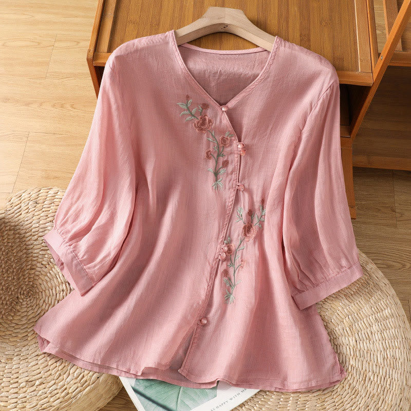 Buddha Stones Embroidered Flowers Cotton Women's V-neck Shirt - LightPink - US12，UK/AU16，EU44 (2XL) - image 14