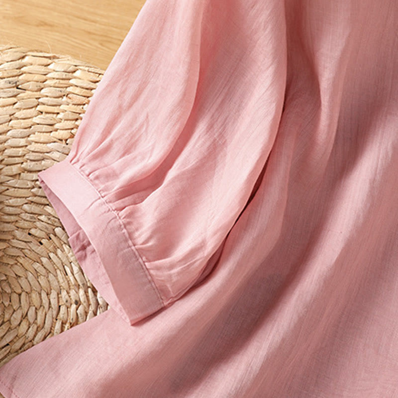 Buddha Stones Embroidered Flowers Cotton Women's V-neck Shirt - image 17