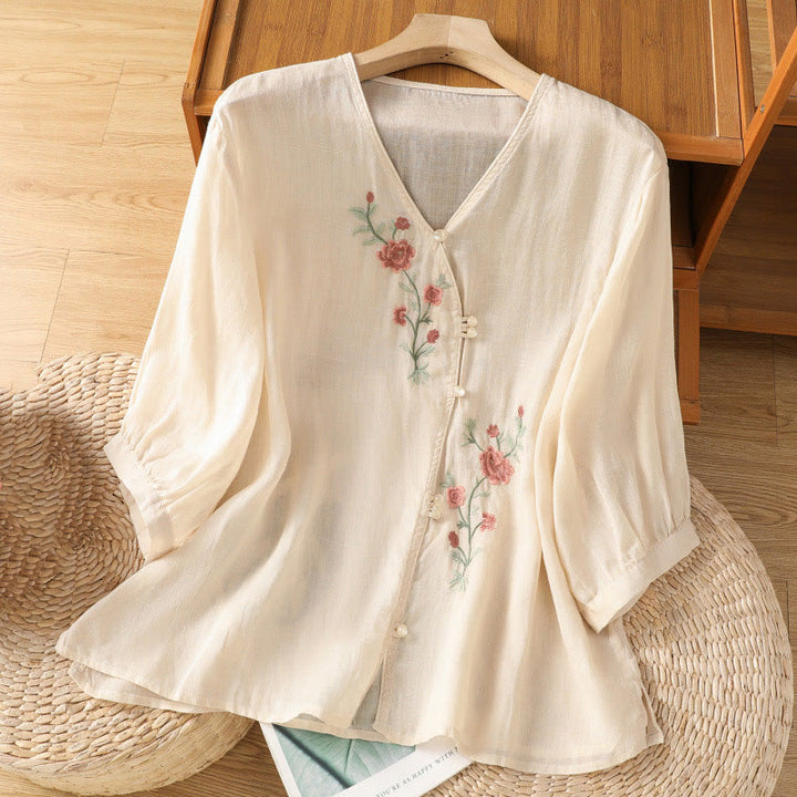 Buddha Stones Embroidered Flowers Cotton Women's V-neck Shirt - PapayaWhip - US12，UK/AU16，EU44 (2XL) - image 1