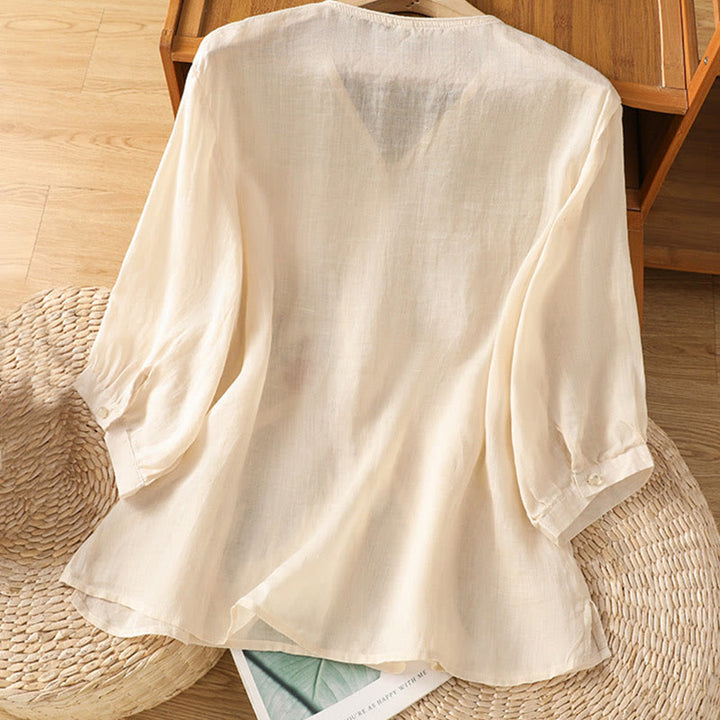 Buddha Stones Embroidered Flowers Cotton Women's V-neck Shirt - image 2