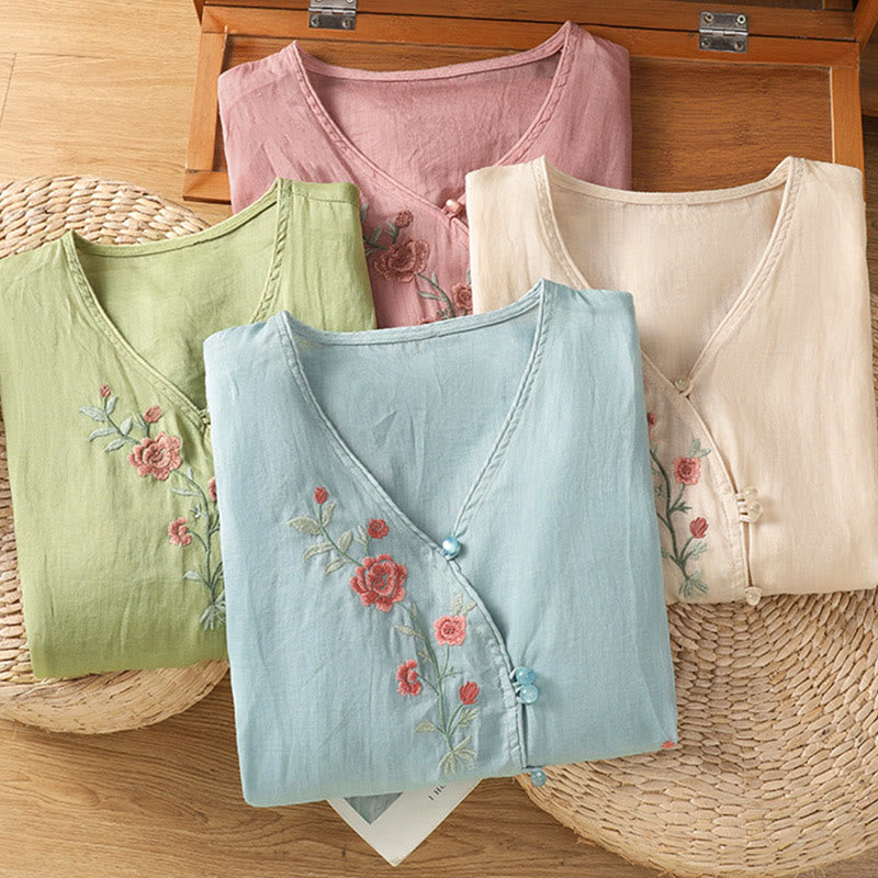 Buddha Stones Embroidered Flowers Cotton Women's V-neck Shirt - image 18