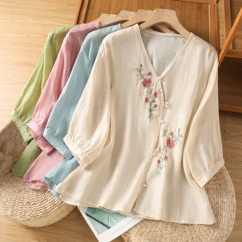 Buddha Stones Embroidered Flowers Cotton Women's V-neck Shirt - image 20