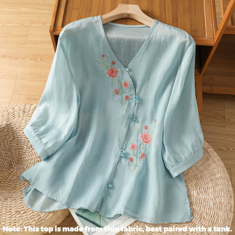 Buddha Stones Embroidered Flowers Cotton Women's V-neck Shirt - image 5