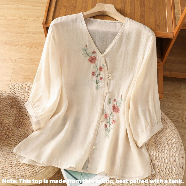 Buddha Stones Embroidered Flowers Cotton Women's V-neck Shirt - image 1