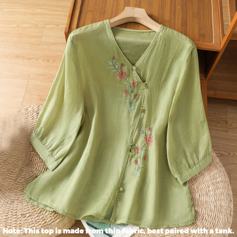 Buddha Stones Embroidered Flowers Cotton Women's V-neck Shirt - image 9