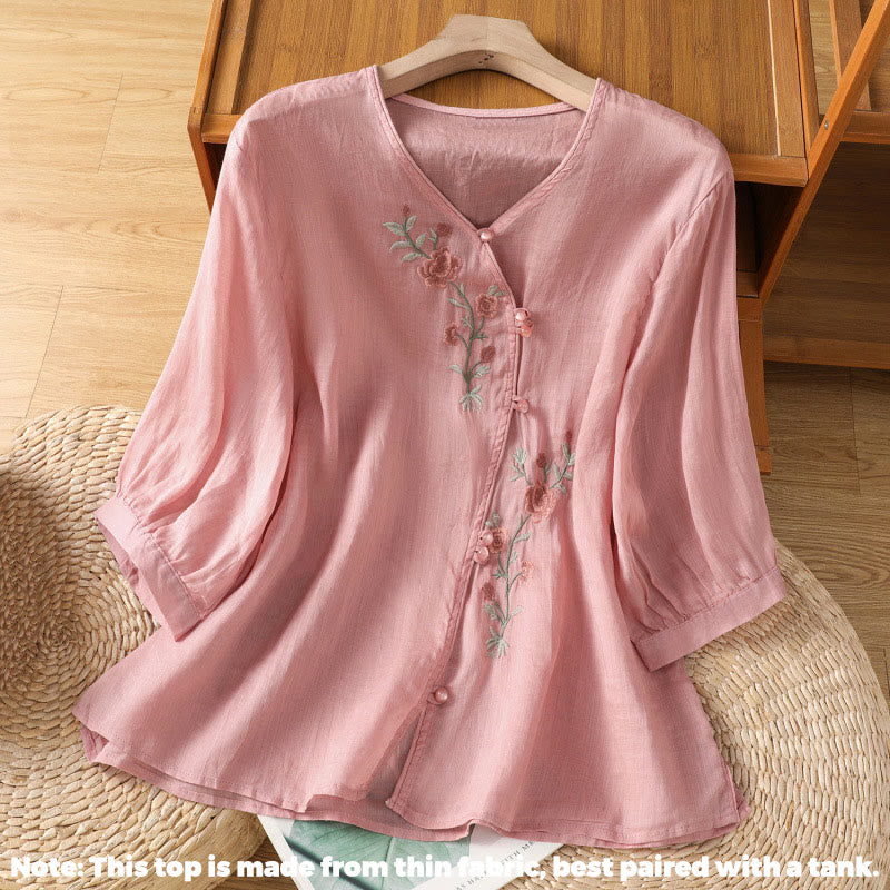 Buddha Stones Embroidered Flowers Cotton Women's V-neck Shirt - image 15