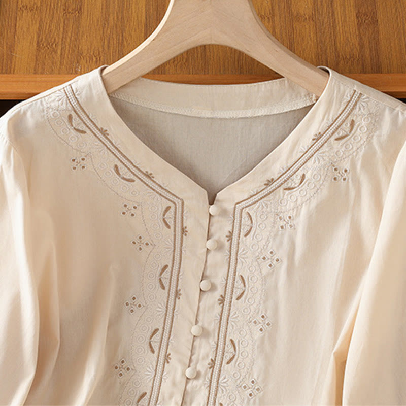 Buddha Stones Symmetrical Embroidery Cotton Women's V-neck Shirt - image 4