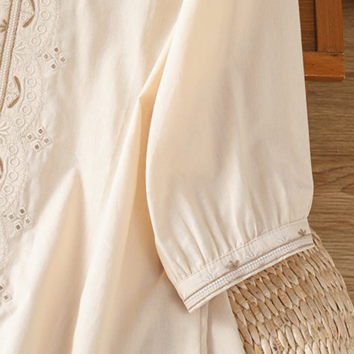 Buddha Stones Symmetrical Embroidery Cotton Women's V-neck Shirt - image 3