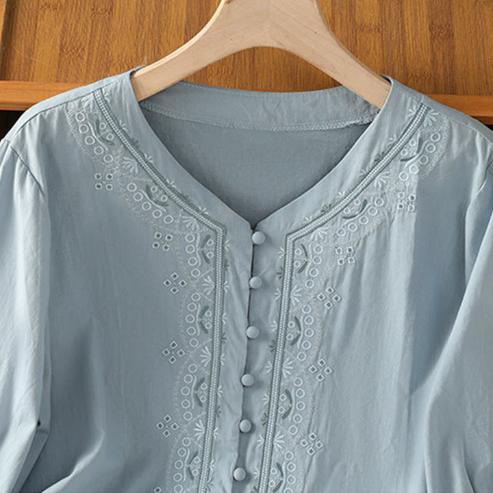 Buddha Stones Symmetrical Embroidery Cotton Women's V-neck Shirt - image 10