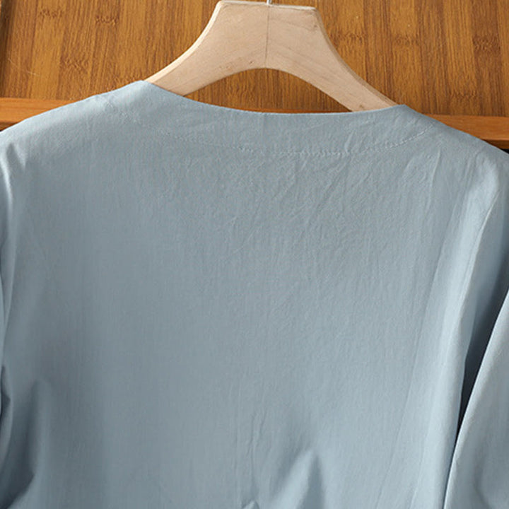 Buddha Stones Symmetrical Embroidery Cotton Women's V-neck Shirt - image 8