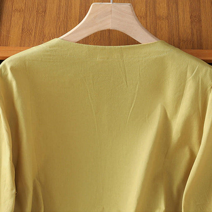 Buddha Stones Symmetrical Embroidery Cotton Women's V-neck Shirt - image 16