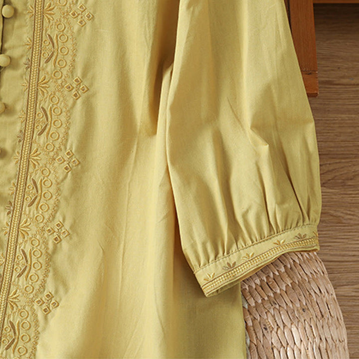Buddha Stones Symmetrical Embroidery Cotton Women's V-neck Shirt - image 19