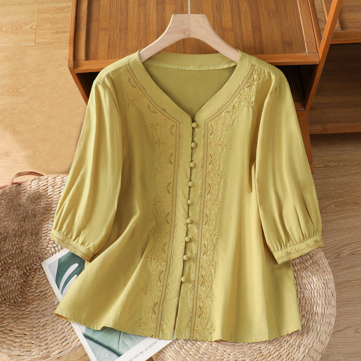 Buddha Stones Symmetrical Embroidery Cotton Women's V-neck Shirt - Khaki - US12，UK/AU16，EU44 (2XL) - image 14