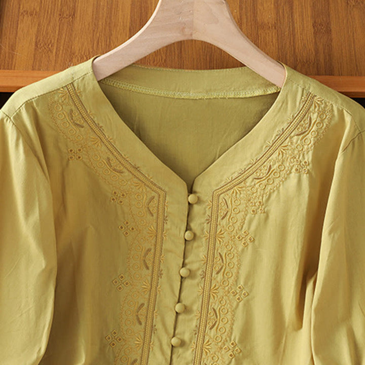 Buddha Stones Symmetrical Embroidery Cotton Women's V-neck Shirt - image 17