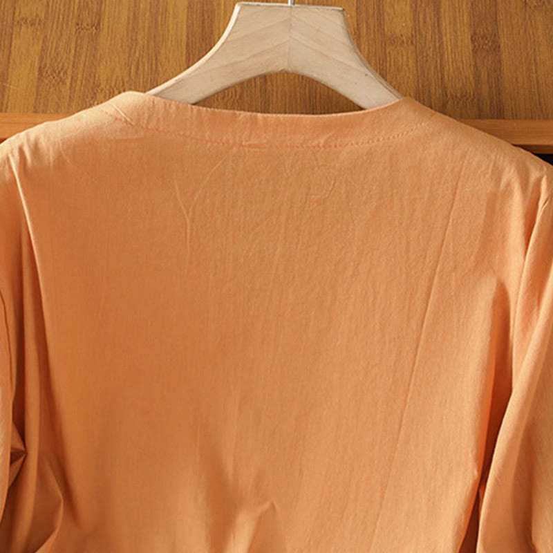 Buddha Stones Symmetrical Embroidery Cotton Women's V-neck Shirt - image 22