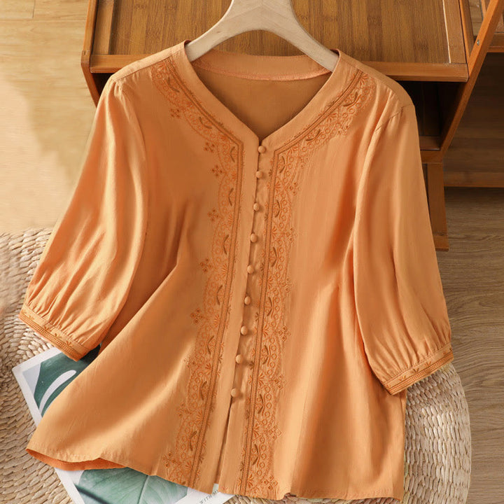 Buddha Stones Symmetrical Embroidery Cotton Women's V-neck Shirt - SandyBrown - US12，UK/AU16，EU44 (2XL) - image 20