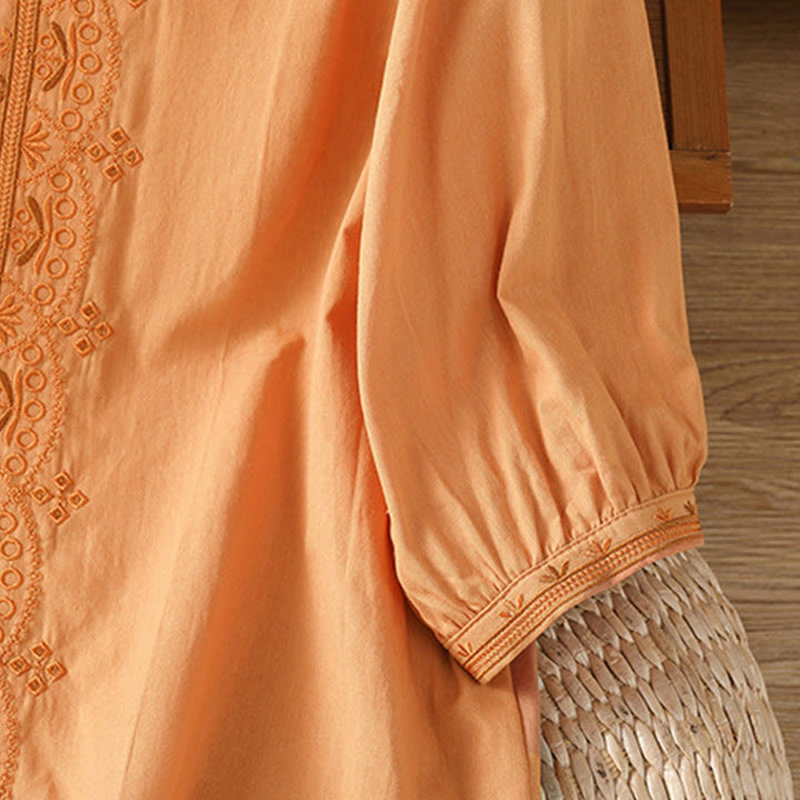 Buddha Stones Symmetrical Embroidery Cotton Women's V-neck Shirt - image 25
