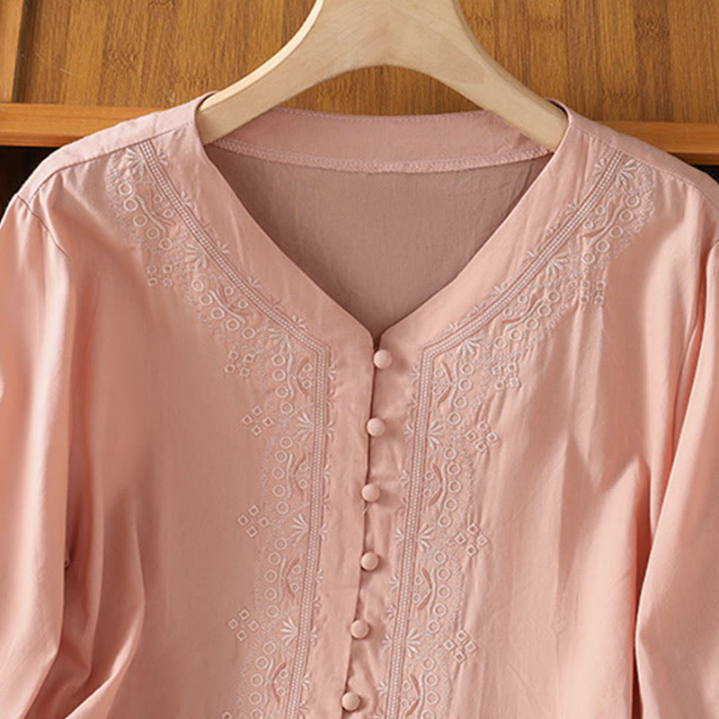 Buddha Stones Symmetrical Embroidery Cotton Women's V-neck Shirt - image 31