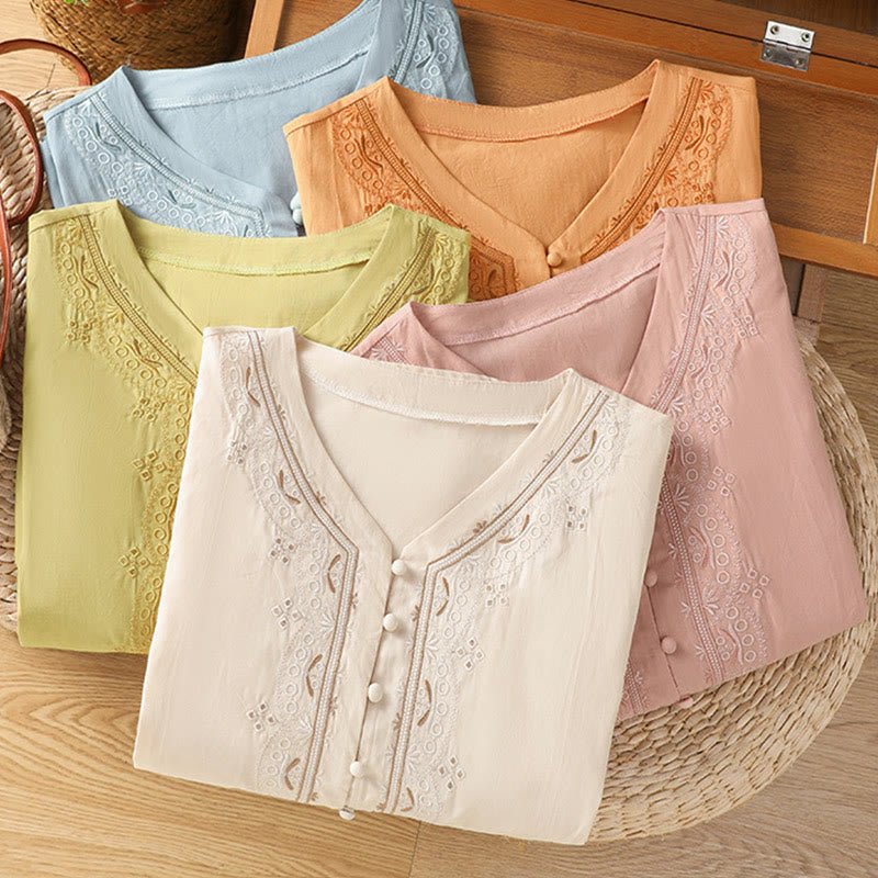 Buddha Stones Symmetrical Embroidery Cotton Women's V-neck Shirt - image 34