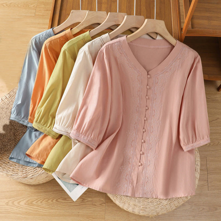 Buddha Stones Symmetrical Embroidery Cotton Women's V-neck Shirt - image 33