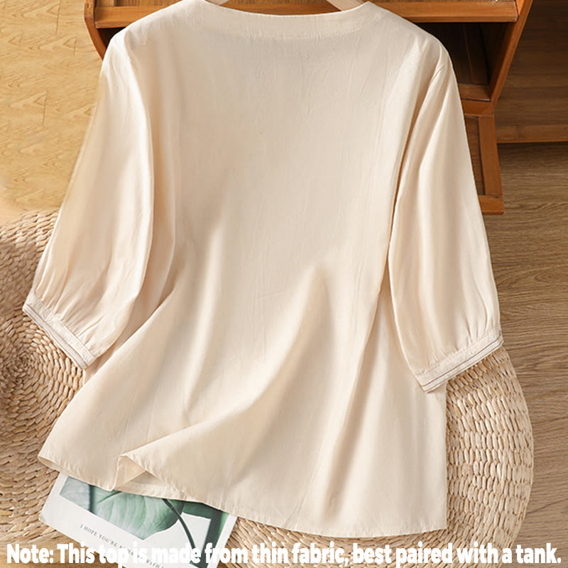 Buddha Stones Symmetrical Embroidery Cotton Women's V-neck Shirt - image 2