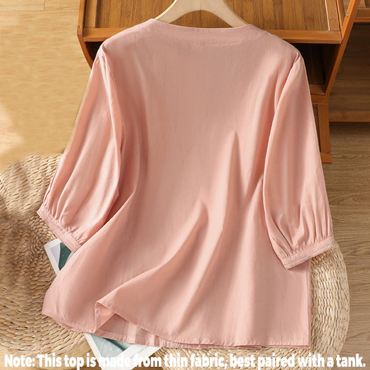 Buddha Stones Symmetrical Embroidery Cotton Women's V-neck Shirt - image 28