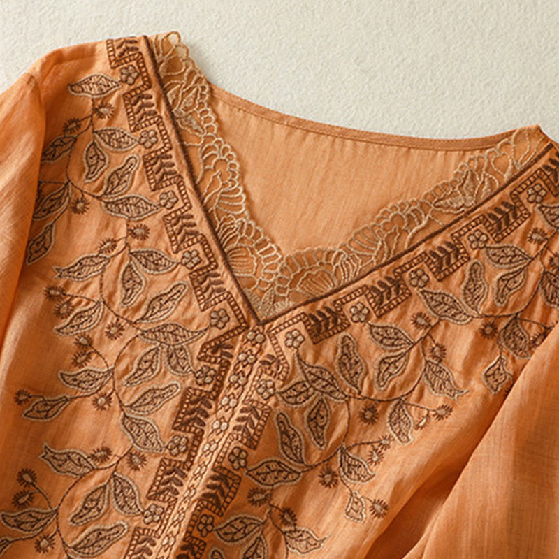 Buddha Stones Embroidered Lace Casual Women's Cotton Linen Half Sleeve T-shirt - image 8