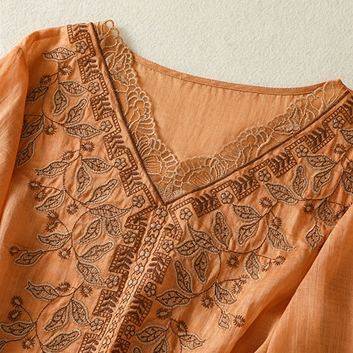 Buddha Stones Embroidered Lace Casual Women's Cotton Linen Half Sleeve T-shirt - image 7