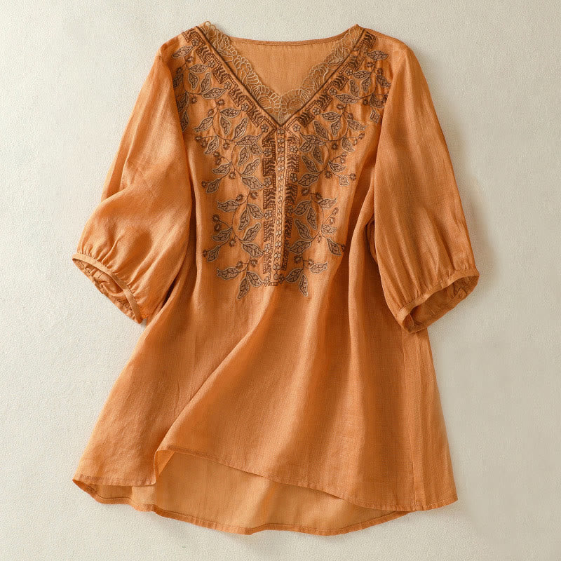 Buddha Stones Embroidered Lace Casual Women's Cotton Linen Half Sleeve T-shirt - Chocolate - US8-10，UK/AU12-14，EU40-42 (2XL) - image 1