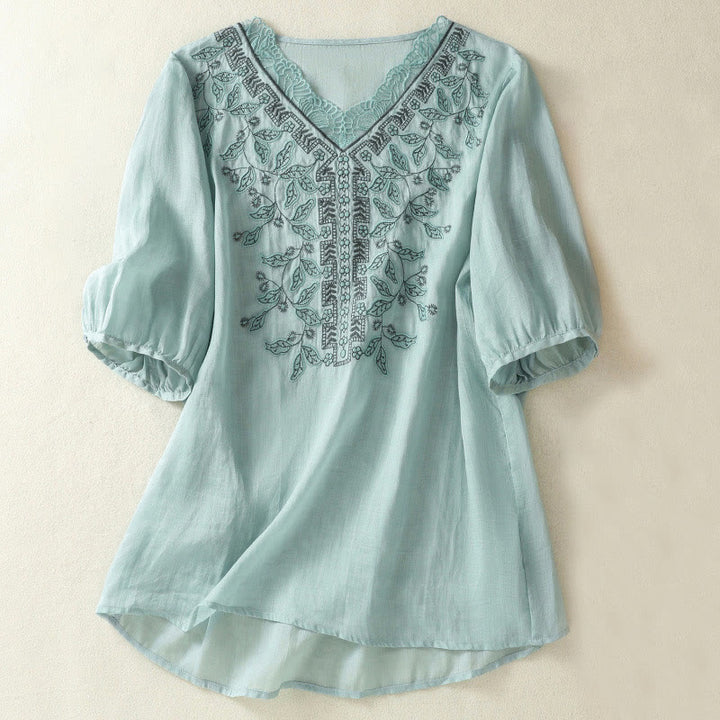 Buddha Stones Embroidered Lace Casual Women's Cotton Linen Half Sleeve T-shirt - LightSkyBlue - US8-10，UK/AU12-14，EU40-42 (2XL) - image 8